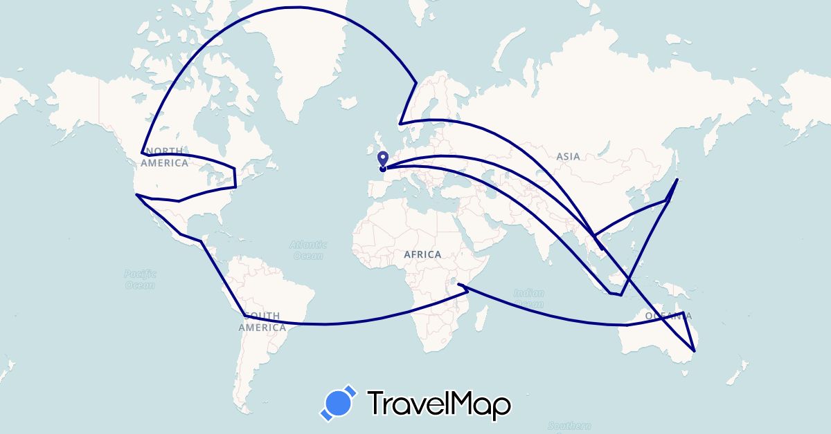 TravelMap itinerary: driving in Australia, Canada, Chile, France, Indonesia, Japan, Laos, Mexico, Norway, Tanzania, United States (Africa, Asia, Europe, North America, Oceania, South America)